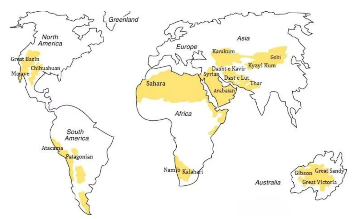 The world's continents and their largest deserts